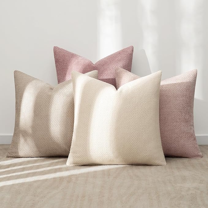 MIULEE Pack of 4 Couch Throw Pillow Covers 20x20 Inch Neutral Pink Cute Decorative Chenille Pillow Covers Farmhouse Boho Accent Cushion Covers for Coquette Room Decor Spring Sofa Bedroom Living Room