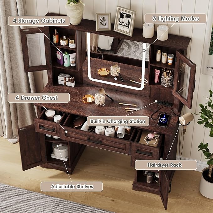 Maupvit Farmhouse Vanity Desk with Mirror and Lights, Makeup Vanity Table with Charging Station, 45" Bedroom Table with 4 Drawers and Cabinets, 3 Lighting Modes, Brown