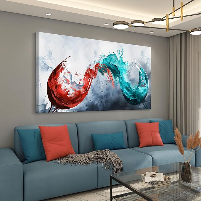 Pogusmavi Dining Room Wall Art Wine Glass Canvas Wall Pictures Kitchen Art Wall Decor Blue & Red Wine Cups Painting Modern Wall Art for Living Room Office Artwork Wall Decor 30x60IN