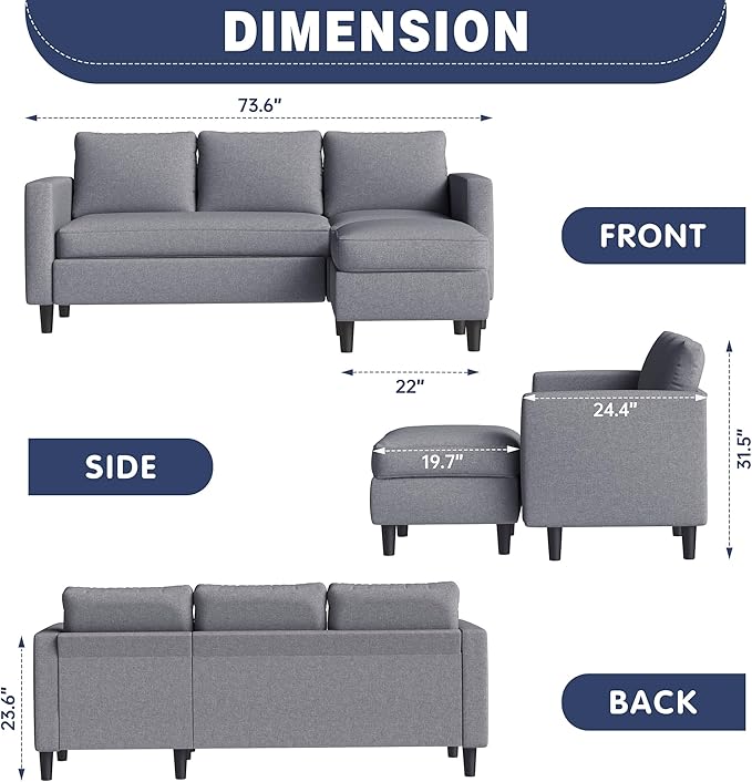 Shintenchi Small Sectional Couch Sofas, L Shape Sofa with Ottoman, Fabric Upholstered Convertible Sofa Couches, Small Couch for Apartments, Living Room and Office (Dark Grey)