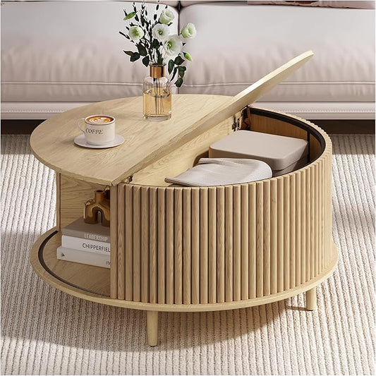Round Coffee Table with Storage,31.5" Mid Century Modern Coffee Table with Hidden Compartment,Fluted Center Table for Living Room,Home Small Space,Oak