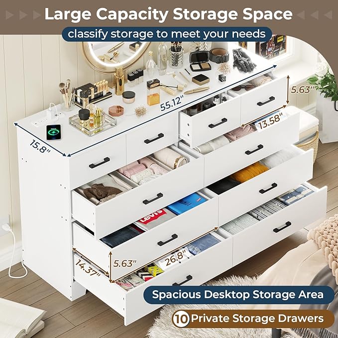 DICTAC White Dresser for Bedroom with 10 Drawers, Large Chest of Drawers Storage Organizer, Long Dresser TV Stand with Power Outlets, Wide Dressers for Bedroom, Living Room 55.1" W x 32.3" H x 15.8" D