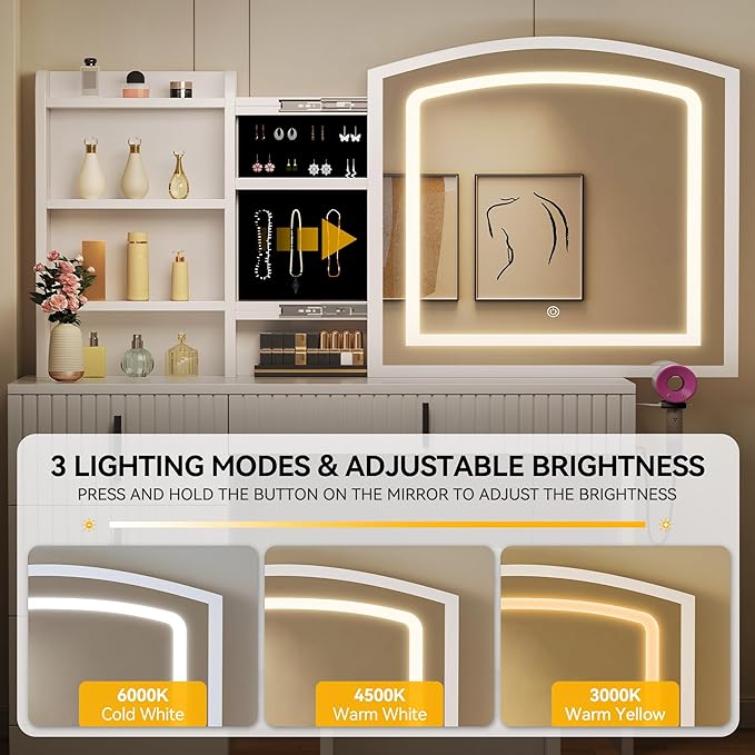 YITAHOME Fluted Makeup Vanity Desk with Mirror & Power Outlet, Vanity Table Set with Hidden Storage, Makeup Desk with 4 Drawers, 3-Color LED Lighted Dressing Table with Storage Cushion Stool, White