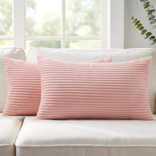 Mecatny Corduroy Decorative Throw Pillow Covers 12x20 Set of 2 for Sofa Living Room, Soft Neutral Boho Couch Pillow Covers for Home Decor, Pink