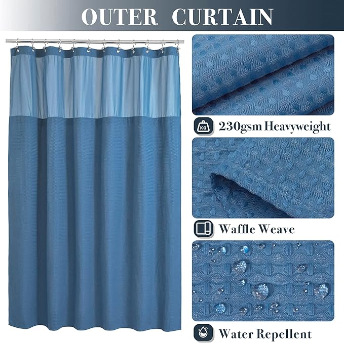 N&Y HOME Waffle Weave Shower Curtain with Snap-in Fabric Liner & Hooks Set - Hotel Style, Water-Repellent & Washable, Heavyweight Fabric & Mesh Top Window - 71x72, Moonlight Blue