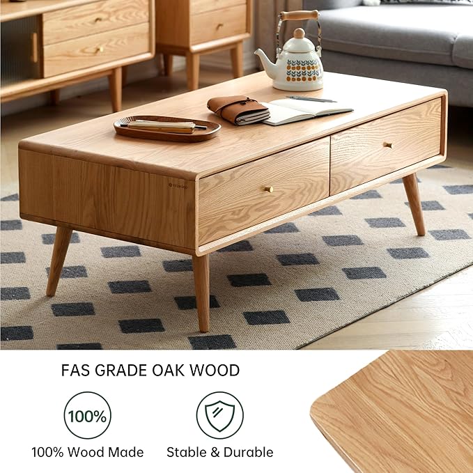 100% Solid Wood Coffee Table for Living Room, 47.24" W Mid Century Modern Coffee Table with 4 Drawers, Oak Coffee Tables for Home (Natural Wood Color, 47.24" W)