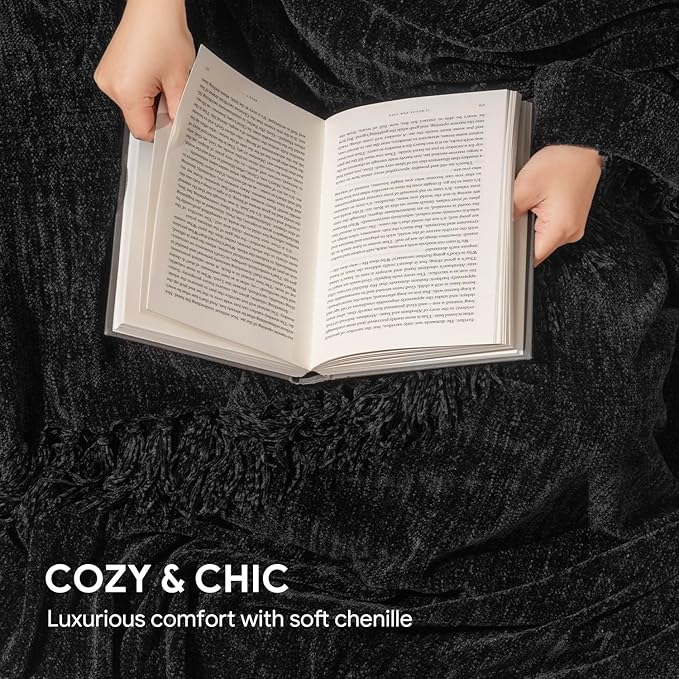 RECYCO Throw Blanket Soft Cozy Chenille Throw Blanket with Fringe Tassel for Couch Sofa Chair Bed Living Room Gift (Black, 50" x 60")
