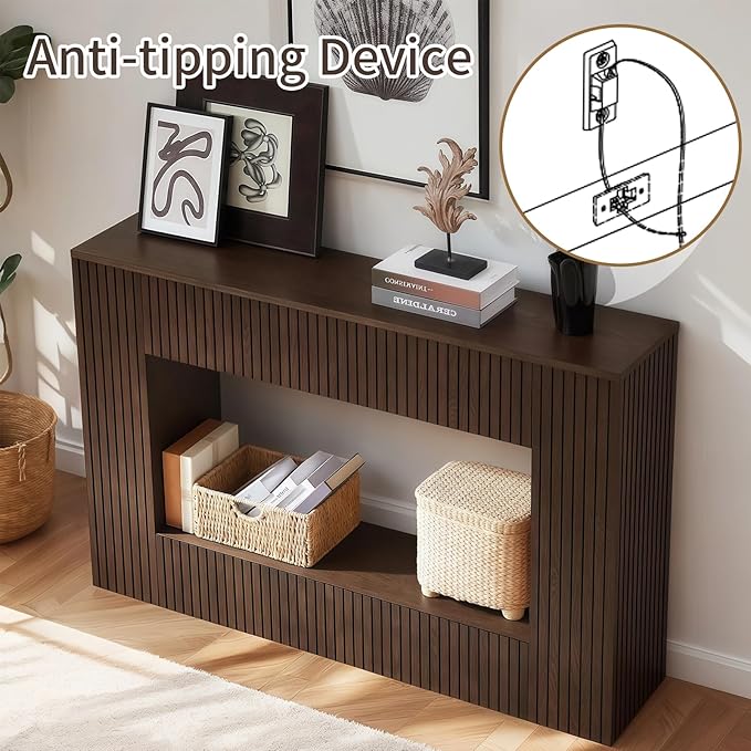 55.12" Wood Console Table for Entryway, Narrow Long Real Wood Fluted Design Sofa Tables Behind Couch Table Entryway Tables with 2-Tier Storage Shelves for Living Room, Hallway, Foyer, Walnut