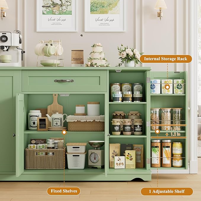 HOSTACK Kitchen Island Cart with Storage, 47'' Kitchen Storage Island on Wheels with 2 Drawer, Rolling Island Table with Adjustable Shelve, Mobile Buffet Sideboard Cabinet for Dining Room, Light Green