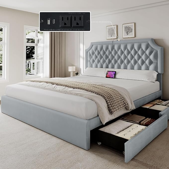 YITAHOME Queen Size Bed Frame with Adjustable Headboard, 4 Storage Drawers and Charging Station, Velvet Upholstered Bed Frame with Button Tufted, No Box Spring Needed, Fast Assembly, Noise-Free, Grey