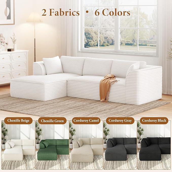 Vesgantti 106" Boneless Couch with Chaise, Deep Seat Comfy Cloud Modular Sofa Corduroy Memory Foam Sectional Couches for Living Room Bedroom, No Assembly Required (Beige, Left-Facing Chaise)