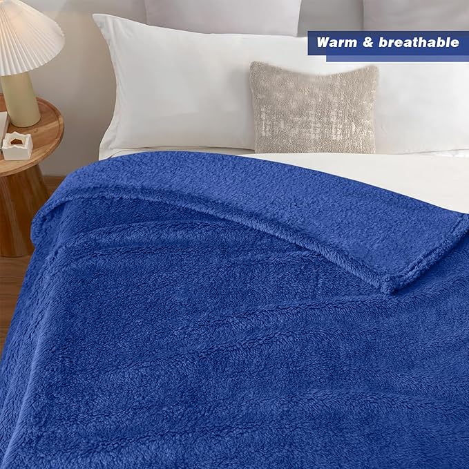 Sherpa Throw Blanket for Bed, Super Soft Cozy Fuzzy Plush Blankets for Winter, Reversible Thick Warm Blanket for Bed, Couch, Living Room, Navy, Queen Size 90"x 90"