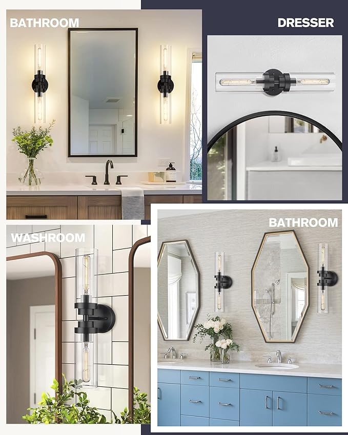 Emak 22 Inch Black Bathroom Light Fixtures Over Mirror, 2-Light Bathroom Vanity Light with Clear Glass Shade, 2 Pack Wall Sconce for Bathroom, Bedroom, Hallway, VL085-BKL-2-2PK