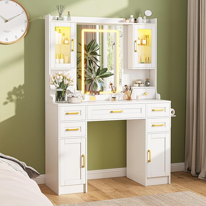 KAMABOKO Vanity Desk with Mirror & LED Lights & Power Outlet, Large Makeup Vanity Table with 6 Drawers and 4 Storage Cabinets, Dressing Table for Bedroom (White)