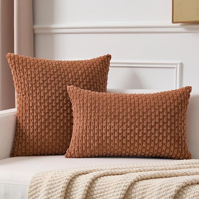 Kevin Textile Fall Decorative Pillow Covers Set of 2 Striped Plush Corduroy Pillows Pillowcases Boho Home Decor Cushion Covers for Couch Sofa Bed Living Room 20x20 Inch, Burnt Orange