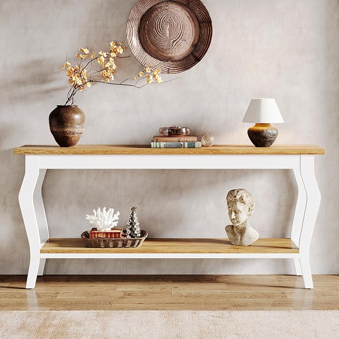 Tribesigns 70.9 Inches Extra Long Sofa Table Behind Couch, Vintage Console Entry Table with 2-Tier Storage for Hallway, Entryway, Living Room, White & Light Oak