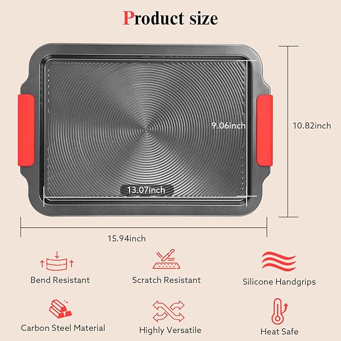 Baking Sheet with Circle Grooves, 1-Piece 16x11in Nonstick Cookie Sheets for Baking & Roasting, Baking Pans with Red Grips, PFAS/PTFE Free,Gray