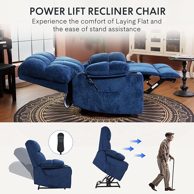 FLEXISPOT XL5 Dual OKIN Motor Power Lift Recliner Chair for Elderly, Lay Flat Electric Recliner with Massage & Heat, USB Ports, Fabric Reclining Sofa for Living Room Bedroom, Blue