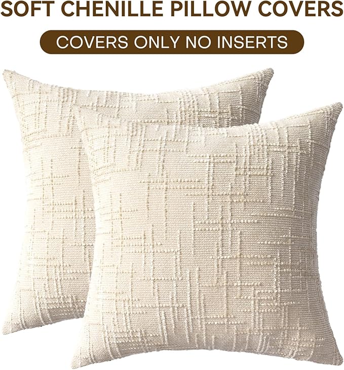 Decorative Throw Pillow Covers 20x20 Inch Set of 2, Soft Solid Farmhouse Chenille Couch Pillows, Spring Pillow Covers for Couch Sofa Bed Living Room Home Decor Pillowcase, Cream White