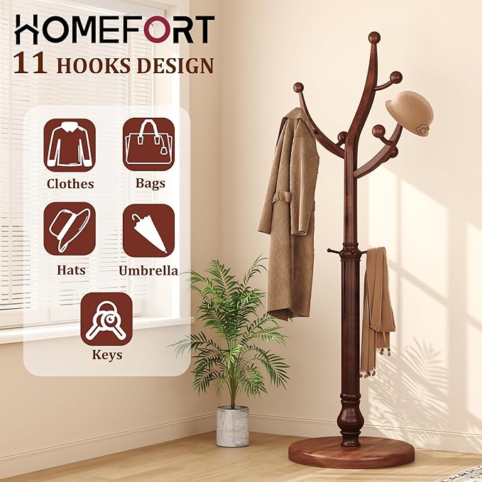 HOMEFORT Coat Rack Freestanding, Wooden Coat Rack with 11 Hookss, Rubber Wood Coat Hanger with Sturdy Round Base, Vintage Coat Hat Rack for Entryway, Hallway, Bedroom,Walnut