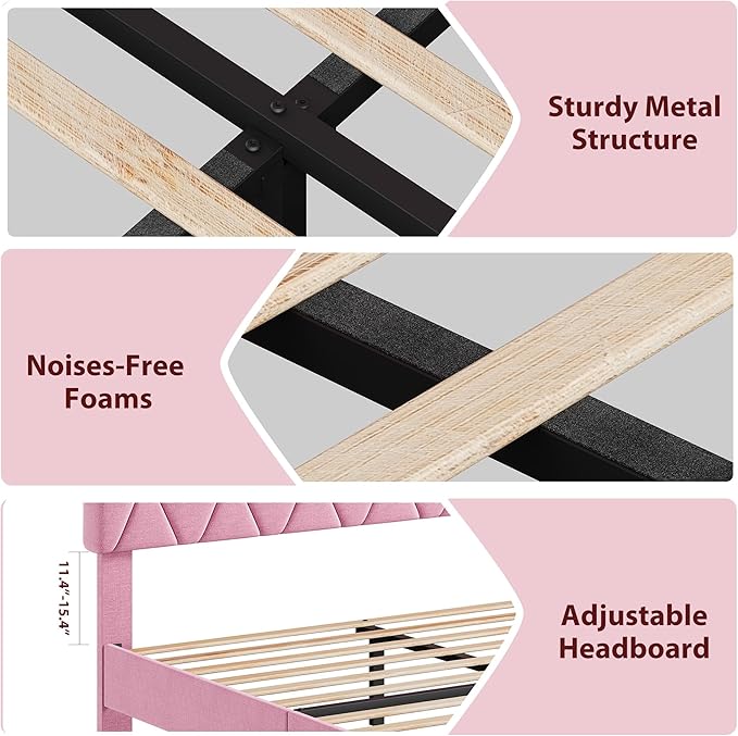 GAOMON Pink Full Bed Frame with Upholstered Headboard, Heavy-Duty Platform Bed Frame with Strong Wood Slats, No Box Spring Needed/Noise Free/Easy Assembly