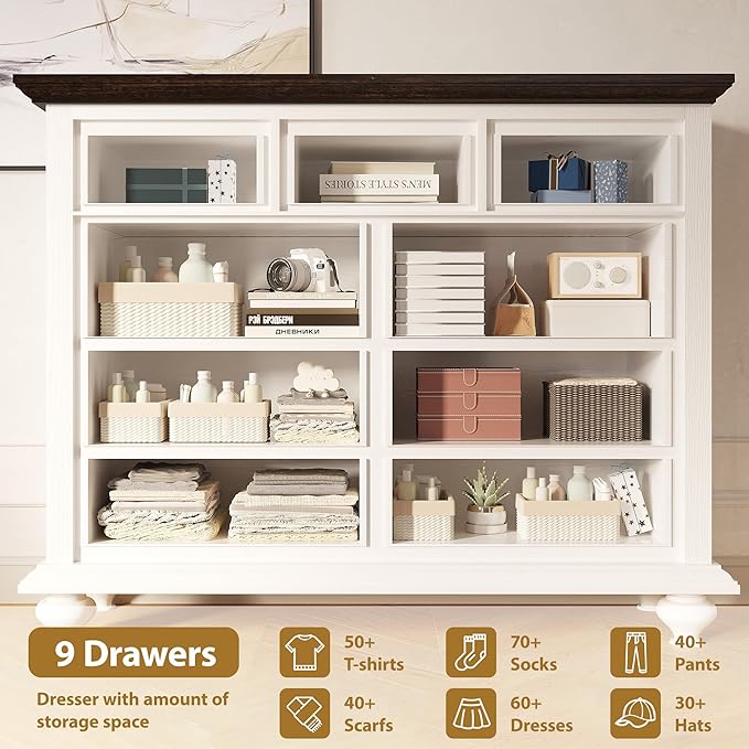 GAOMON 9 Drawers Dresser for Bedroom, Wooden Chest of Drawer with Large Drawers & Metal Handles for Bedroom, Living Room, Hallway, White & Brown