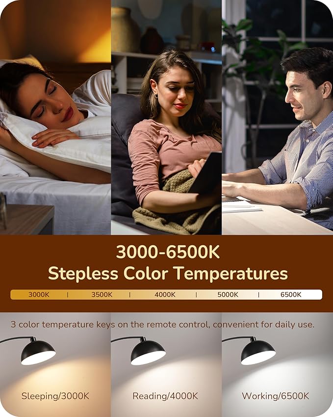 EDISHINE Modern Arc Floor Lamp, 78.3" Mid Century Reading Lamps Over Chair with Remote & Foot Switch, Rotatable Lamp Head, Metal Floor Lamp for Bedroom, Office, Living Room, Dining Room, Black