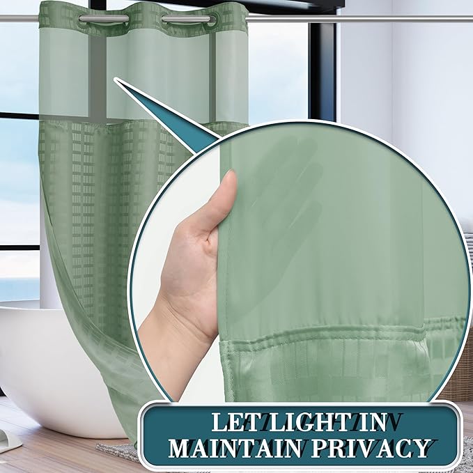 Conbo Mio Stall No Hook Sage Green Shower Curtain with Snap in Liner Set, Hotel Luxury Shower Curtains for Bathroom with See Through Top Window, Waterproof, Washable 36W x 74H
