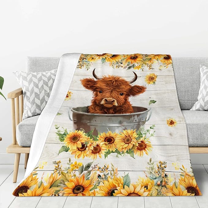 Highland Cow Sunflower Blanket Cow Throw Blankets Cozy Fleece Flannel Blanket Bedding Highnald Cow Gifts for Men Women Boys Girls Kids Teens for Couch Sofa Bed Decor 50"X60"