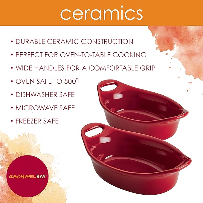 Rachael Ray Solid Glaze Ceramics Au Gratin Bakeware / Baker Set, Oval - 2 Piece, Red