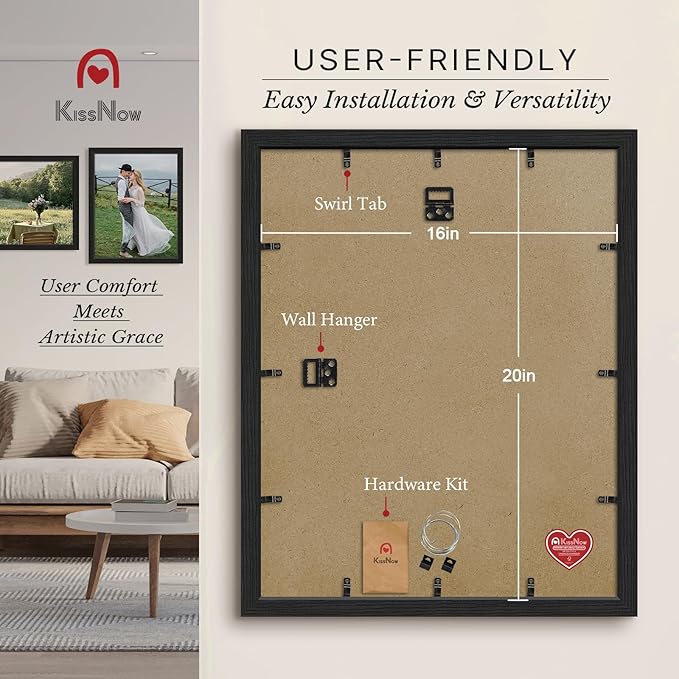 16x20 Picture Frame 4 Pack, Textured Black Solid Wood, Wall Gallery Poster Frame