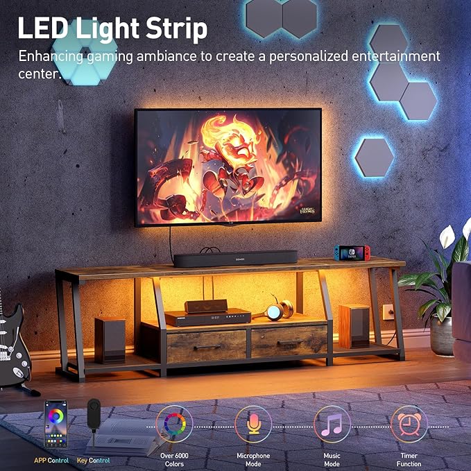 LED TV Stand with Fabric Drawers for 80 Inch TV, Entertainment Center with Power Outlets and Open Storage Shelves, Industrial Media TV Console Table for Living Room, Bedroom, Rustic Brown