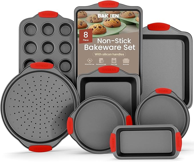 Baking Set – 8 Piece Kitchen Oven Bakeware Set – Deluxe Non-Stick Black Coating Inside and Outside – Carbon Steel – Red Silicone Handles – PFOA PFOS and PTFE Free by Bakken