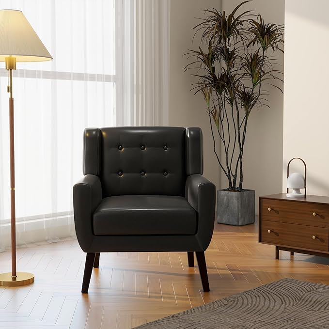 Accent Chair, Mid-Century Modern PU Leather Chairs with Arms for Living Room, Comfy Upholstered Club Single Sofa Armchair for Bedroom Waiting Room with Solid Wood Frame（Leather Black, Set of 2)