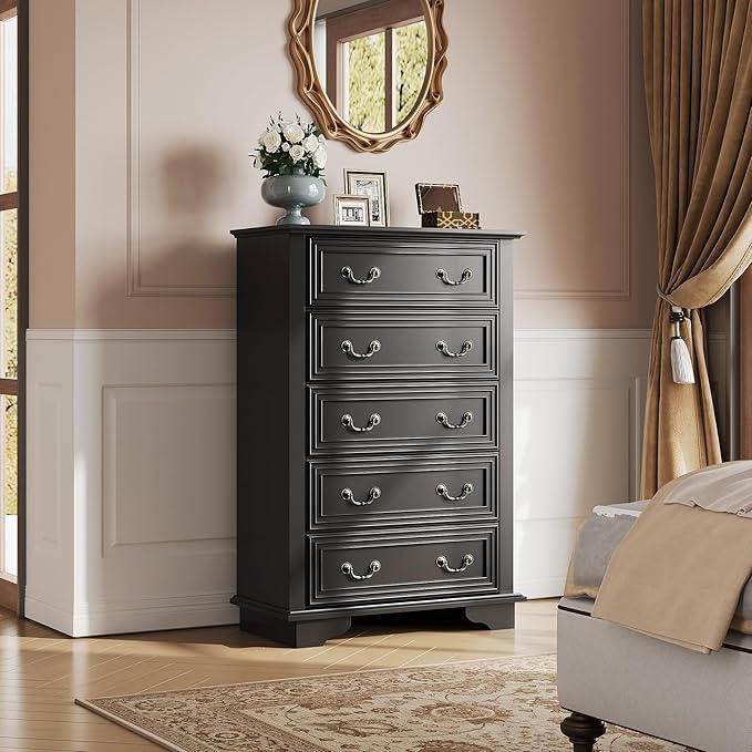 WLIVE Farmhouse Dresser for Bedroom, Tall Wood Dresser with 5 Drawer, Chest of Drawers with Roman Metal Handle for Living Room, Hallway, Closet, Black