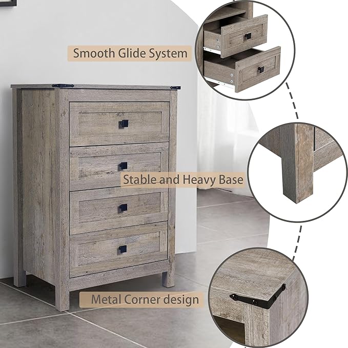 Farmhouse 4 Drawers Dresser, Wood Double Dresser Chest of Drawers Wide Storage Organizer Cabinet for Bedroom, Living Room, Rustic Grey