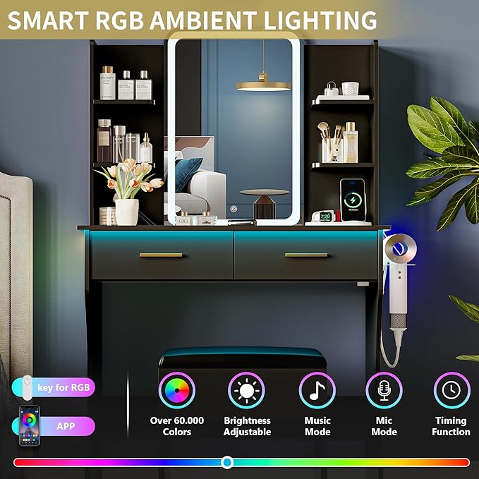 Vanity Desk with LED Lights Mirror & Power Outlet, Small Makeup Vanity Table Set with Storage Drawers & Chair, 3 Lighting Modes & Adjustable Brightness, Dressing Table for Women Girls Bedroom, Black