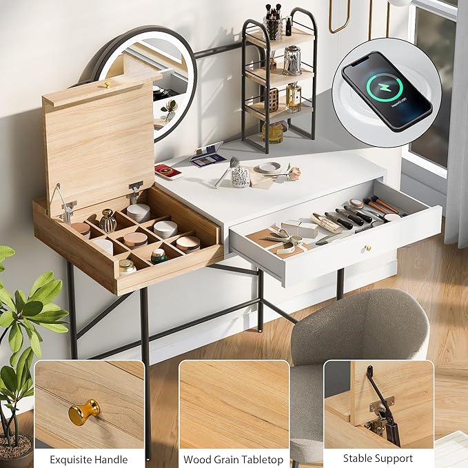 40" Makeup Vanity Desk with 3 Lighting Modes Adjustable Brightness & Power Outlet, Vanity Table with Drawer & 3 Open Shelves for Ample Storage Space, Dressing Table for Bedroom (White)