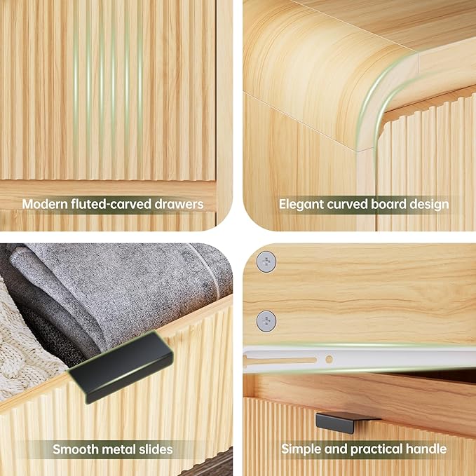 FURSUN Fluted 6 Drawers Dresser for Bedroom, 54" Wide Wooden Dresser with Metal Handle, Curved Profile Design, Modern Storage Organizer for Living Room, Hallway (Natural Oak)