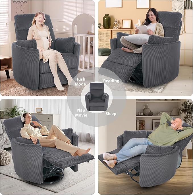 Power Swivel Glider Rocking Recliner Nursery Chair, Corduroy Rocker Recliner with USB, 2 Pillows, Barrel Armchair Single Sofa for Living Room Bedroom, Dark Grey