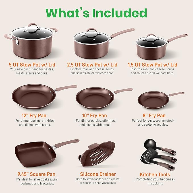 14-Piece Nonstick Kitchen Cookware Set - Free Heat Resistant Lacquer Kitchen Ware Pots Pan Set w/ Saucepan, Frying Pans, Cooking Pots, Dutch Oven Pot, Lids, Utensils, Brown - NutriChef NCCW14SBR.5