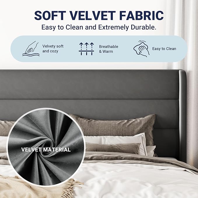 Allewie Full Size Platform Bed Frame with Velvet Upholstered Wingback Headboard, No Box Spring Needed, Under Bed Storage Space, Strong Wooden Slats, Modern Mattress Foundation, Easy Assembly, Grey