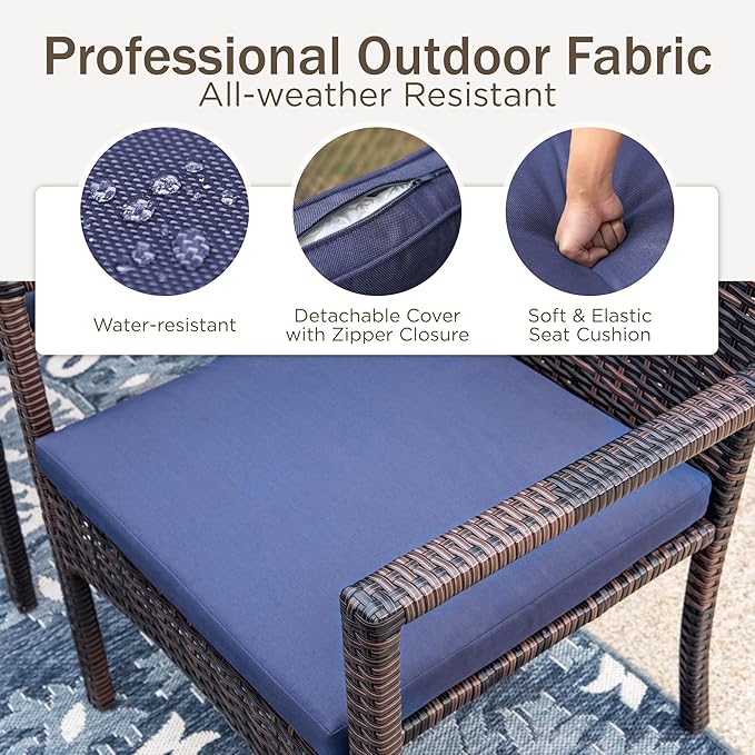 PHI VILLA 5 Piece Patio Dining Table Set for 4, 42” Round Steel Dining Table with Umbrella Hole & 4 Cushioned Wicker Chairs for Outdoor, Deck, Yard, Porch