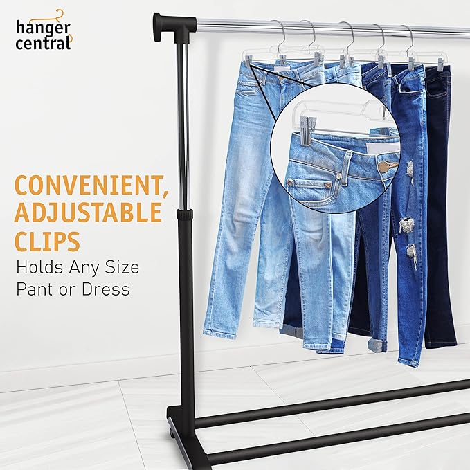 Hanger Central Premium 14 Inch Clear Pants Hangers with Adjustable Clips - 12 Pack Space-Saving Skirt Hangers - Non-Slip Heavy Duty Plastic Closet Organizers with 360° Swivel Hook