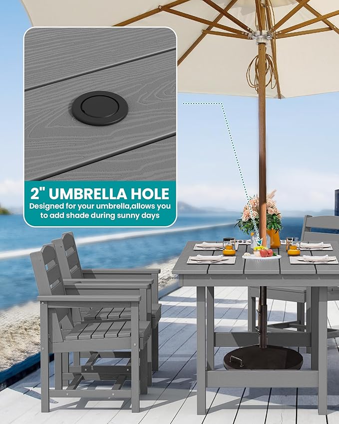 SERWALL 67" Outdoor Dining Table - HDPE All-Weather Rectangular Patio Table with Umbrella Hole, Gray