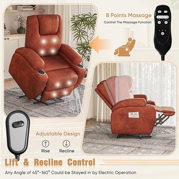 Power Lift Recliner Chair with Massage Electric Lift Chair for Elderly, Ergonomic Recliner with Cup Holders & Side Pockets, Modern Single Sofa for Living Room (Leathaire, Red Brown)