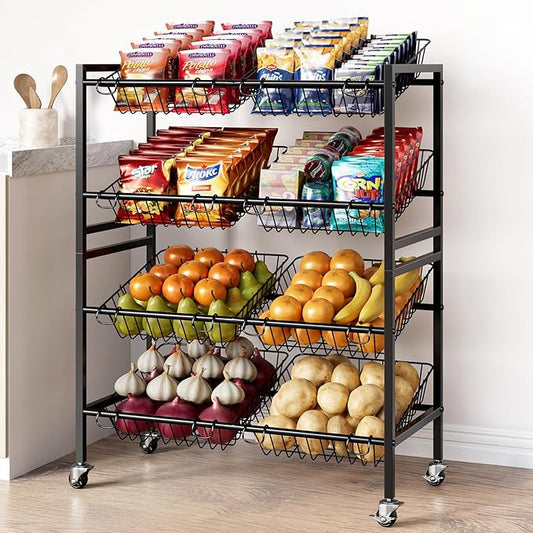 25.2''W Kitchen Storage Cart, Rolling Snack Cart, 4 Tier Fruit Basket Stand, Metal Pantry Storage with 8 Stackable Wire Baskets, Black