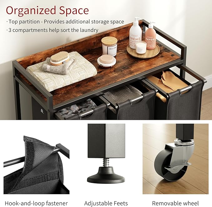 Laundry Hamper with Shelf, Laundry Basket 3 Section, Laundry Sorter with Pull-Out Removable Large Bags and Movable Wheels, Metal Frame, 3 x 15.87 Gallons (60L), Rustic Brown + Blck PF04XLY