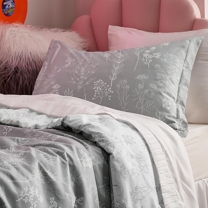 Bedsure Twin/Twin XL Comforter Set - Grey Bed Set, 2 Pieces Cute Floral Bedding, 1 Soft Reversible Botanical Flowers Comforter and 1 Pillow Sham
