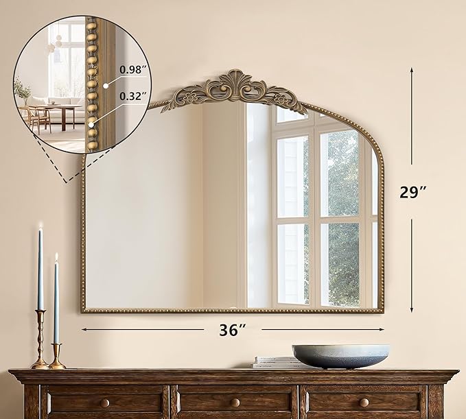 Micasso Gold Antique Wall Mirror: 29"x 36" Large Arched Mirror - Arendahl Traditional Ornate Baroque Decorative Mirror for Home Decor/Entryway/Fireplace/Living Room/Hallway/Bathroom